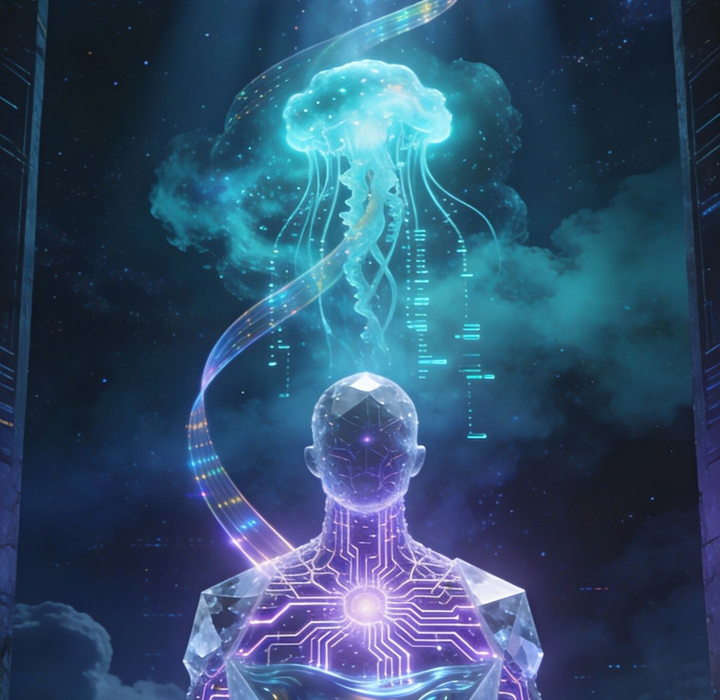 A jellyfish-like form of light rises from a crystalline human figure toward a glowing mandala above.