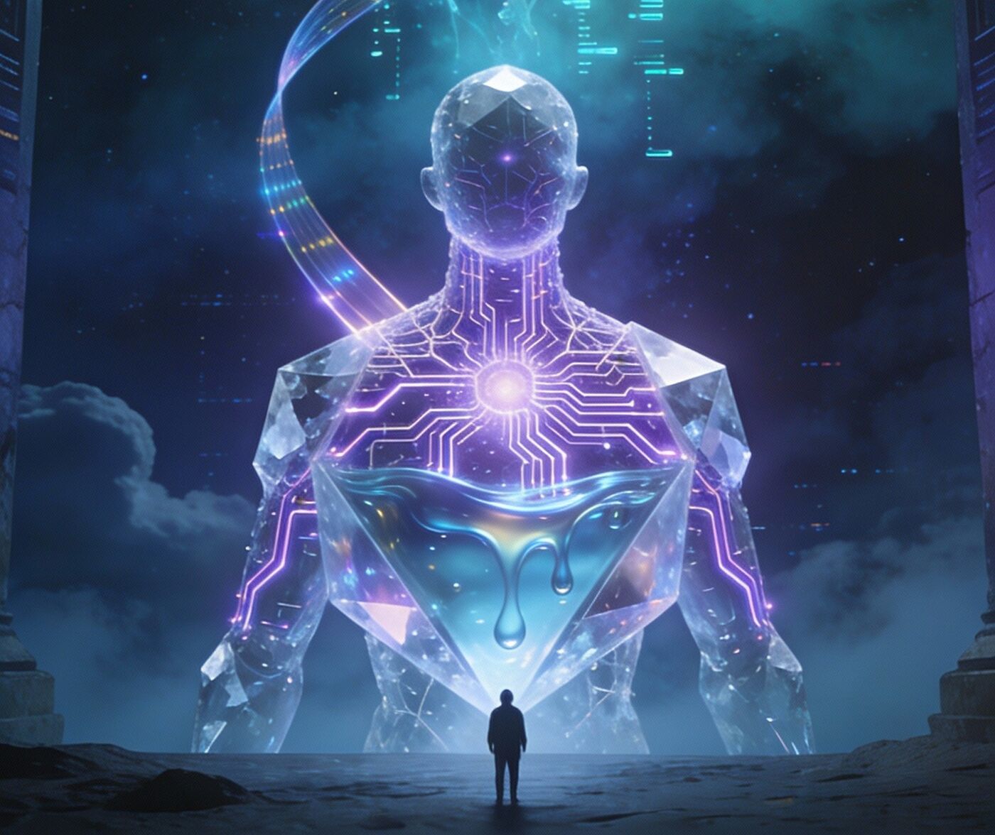 A towering crystalline figure with glowing circuit lines across its chest, with a small human silhouette standing at its feet.
