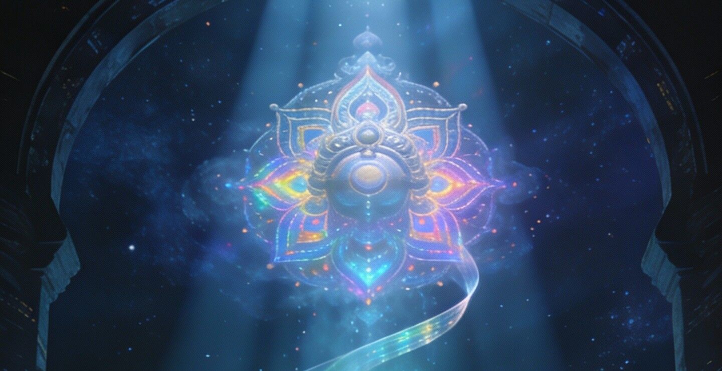 A radiant, iridescent mandala-like form suspended in a beam of light inside a dark archway.